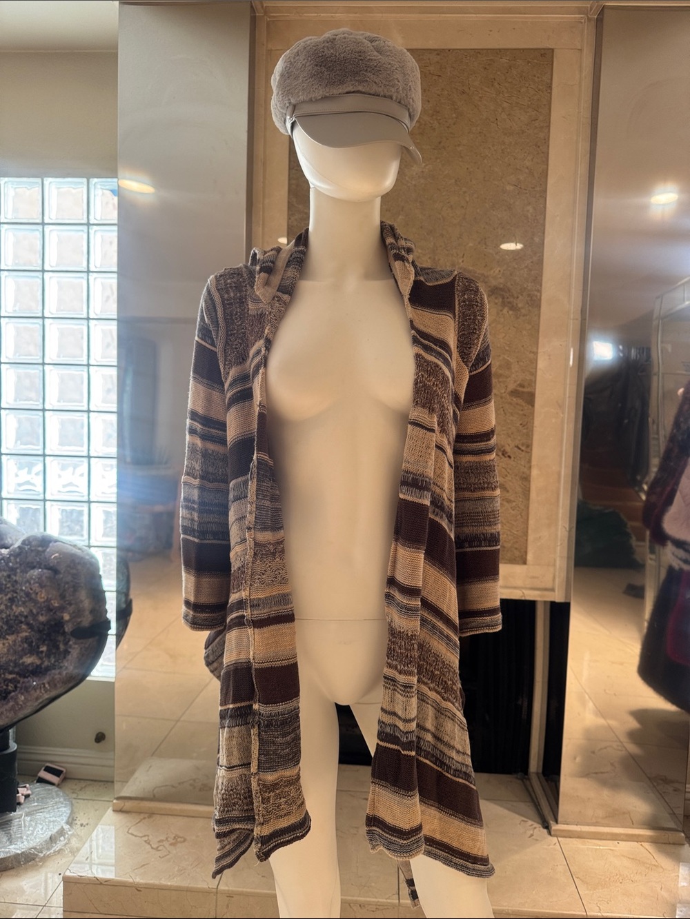 Goddis Striped Open Front Boho Cardigan Sweater Brown Cream